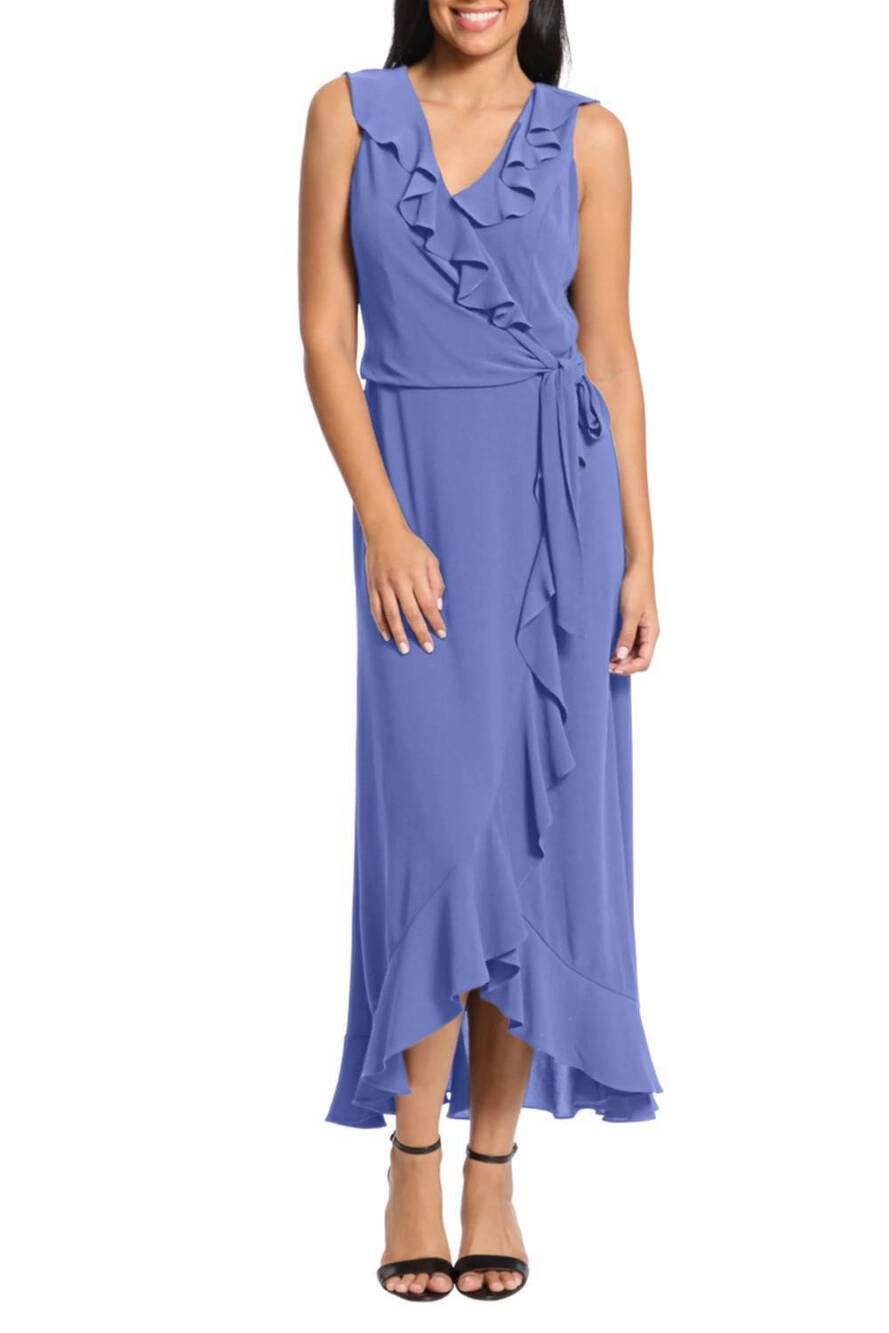 NEW LONDON TIMES sleeveless faux-wrap maxi dress in peri
